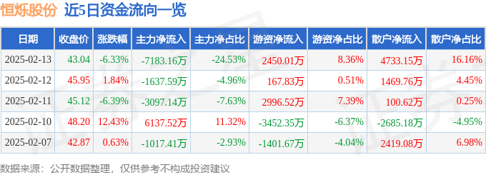 恒烁股份（688416）2月13日主力资金净卖出718316万元